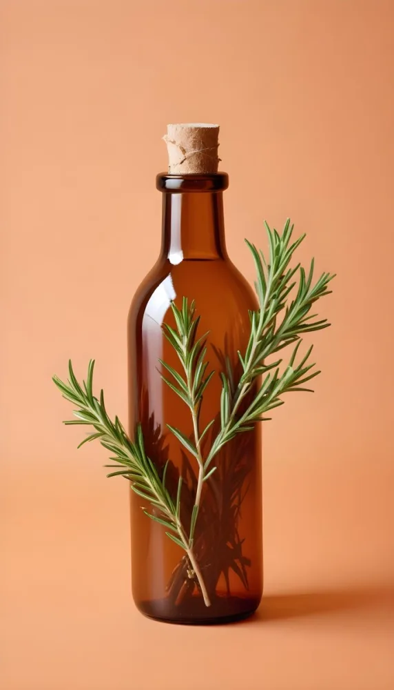 A Brown Glass Bottle With A Sprig Of Rosemary Next To It On A Plain Light Orange Background 7 E499