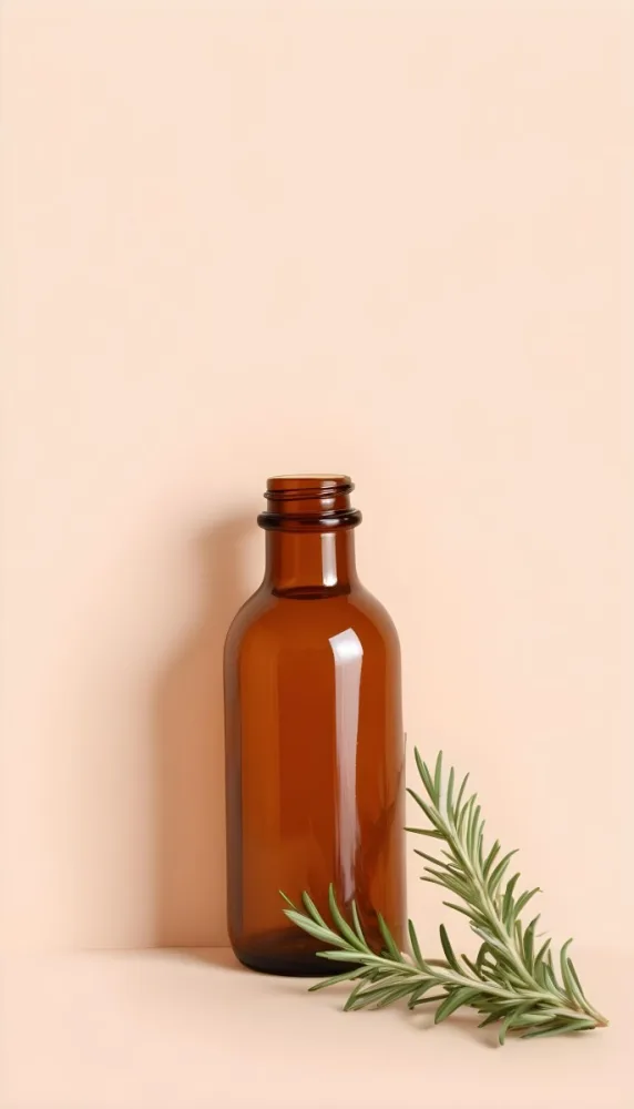 A Brown Glass Bottle With A Sprig Of Rosemary Next To It On A Plain Light Orange Background 9 646e