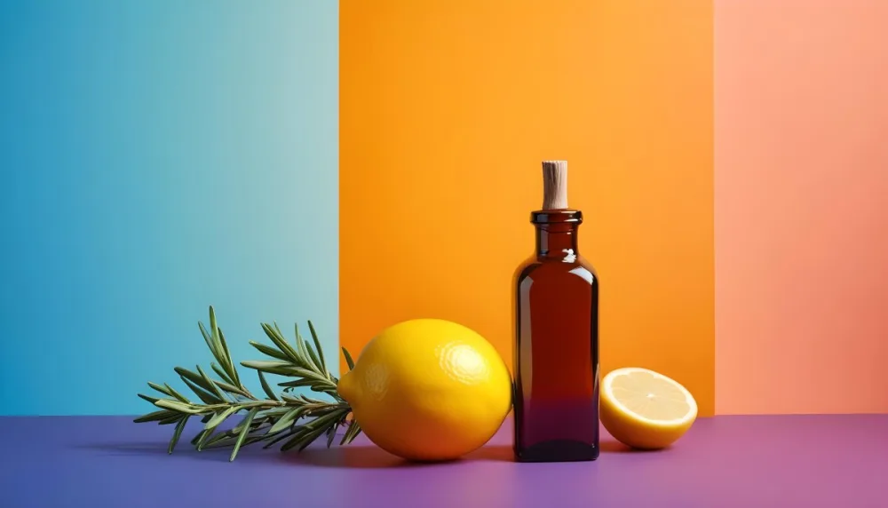 A Brown Glass Dropper Bottle Positioned On A Colorful Background With A Gradient Of Orange And Blue Next To The Bottle There Is A Whole Lemon And A Halved Lemon Along With A Sprig Of Rosemary The Scene Is Bright An 13 4f4a