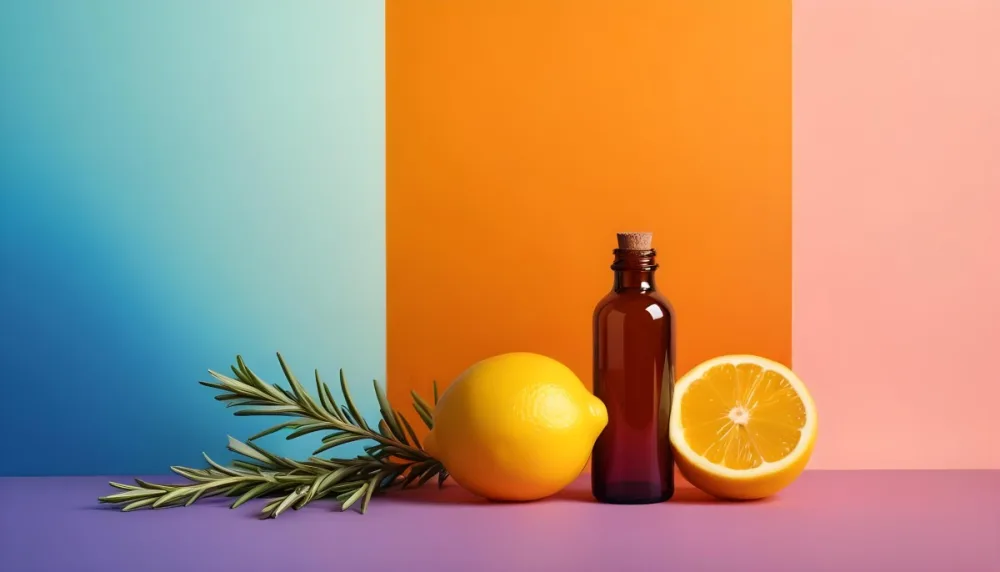 A Brown Glass Dropper Bottle Positioned On A Colorful Background With A Gradient Of Orange And Blue Next To The Bottle There Is A Whole Lemon And A Halved Lemon Along With A Sprig Of Rosemary The Scene Is Bright An 15 Eb92