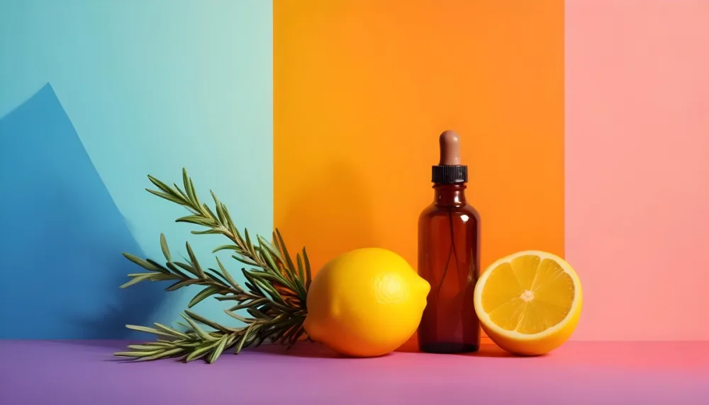 A Brown Glass Dropper Bottle Positioned On A Colorful Background With A Gradient Of Orange And Blue Next To The Bottle There Is A Whole Lemon And A Halved Lemon Along With A Sprig Of Rosemary The Scene Is Bright An 17 6f13