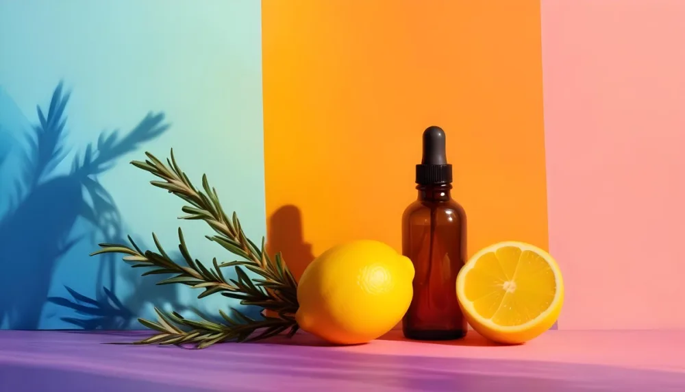 A Brown Glass Dropper Bottle Positioned On A Colorful Background With A Gradient Of Orange And Blue Next To The Bottle There Is A Whole Lemon And A Halved Lemon Along With A Sprig Of Rosemary The Scene Is Bright An 22 807c