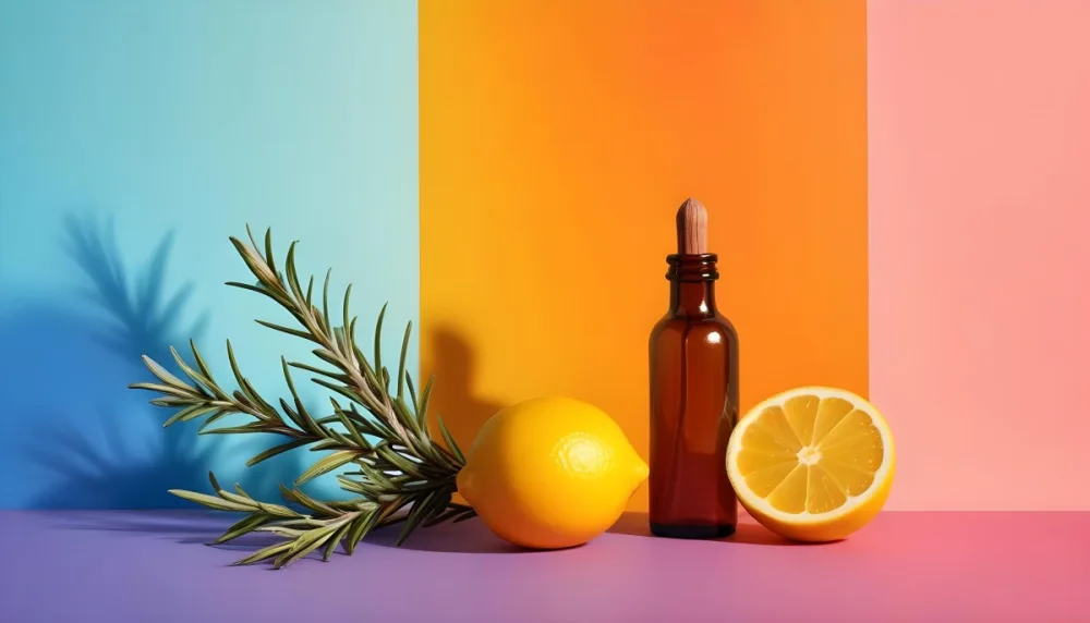 A Brown Glass Dropper Bottle Positioned On A Colorful Background With A Gradient Of Orange And Blue Next To The Bottle There Is A Whole Lemon And A Halved Lemon Along With A Sprig Of Rosemary The Scene Is Bright An 23 A0bb