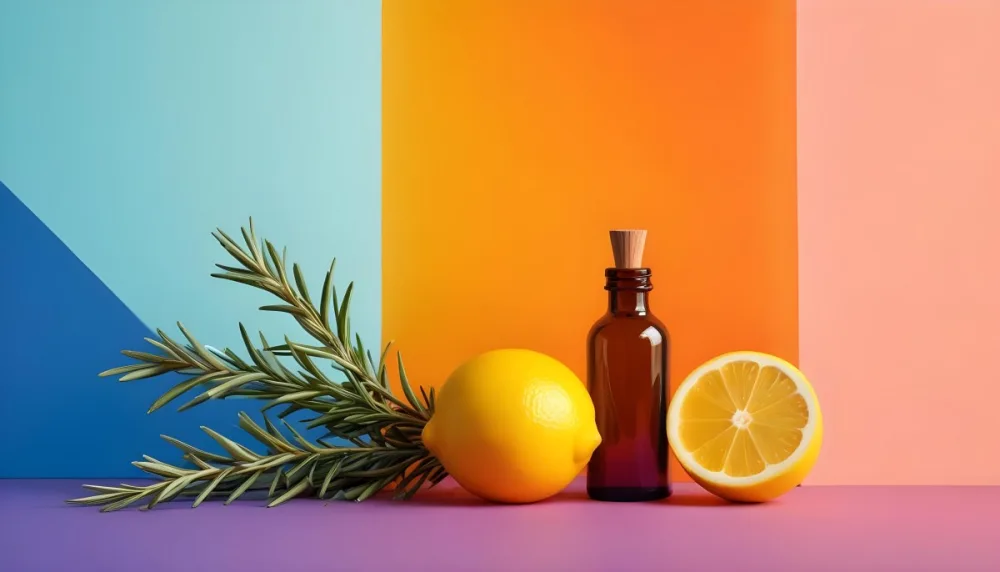 A Brown Glass Dropper Bottle Positioned On A Colorful Background With A Gradient Of Orange And Blue Next To The Bottle There Is A Whole Lemon And A Halved Lemon Along With A Sprig Of Rosemary The Scene Is Bright An 25 781a