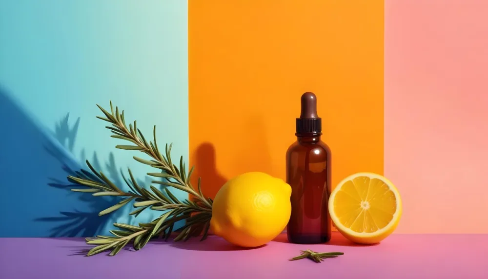 A Brown Glass Dropper Bottle Positioned On A Colorful Background With A Gradient Of Orange And Blue Next To The Bottle There Is A Whole Lemon And A Halved Lemon Along With A Sprig Of Rosemary The Scene Is Bright An 26 08dc