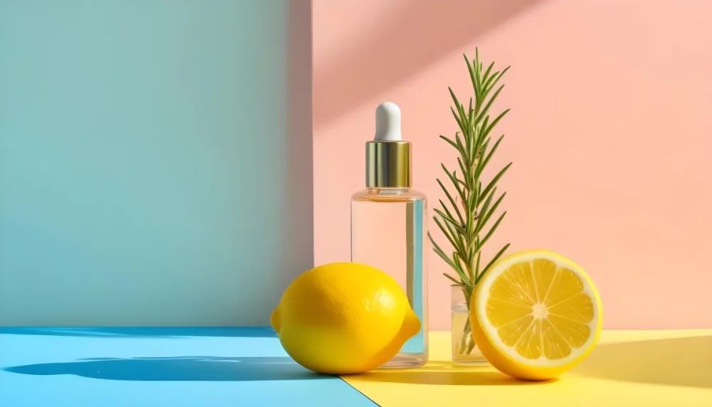 A Brown Glass Dropper Bottle Positioned On A Colorful Background With A Gradient Of Orange And Blue Next To The Bottle There Is A Whole Lemon And A Halved Lemon Along With A Sprig Of Rosemary The Scene Is Bright An 29 Fae3