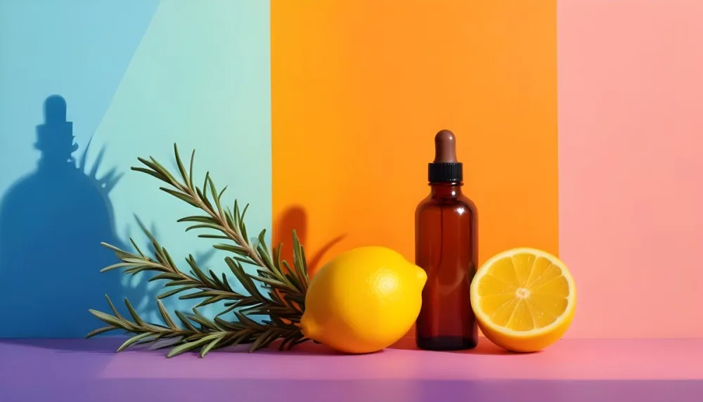 A Brown Glass Dropper Bottle Positioned On A Colorful Background With A Gradient Of Orange And Blue Next To The Bottle There Is A Whole Lemon And A Halved Lemon Along With A Sprig Of Rosemary The Scene Is Bright An 30 04da
