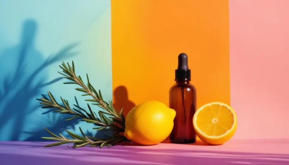 A Brown Glass Dropper Bottle Positioned On A Colorful Background With A Gradient Of Orange And Blue Next To The Bottle There Is A Whole Lemon And A Halved Lemon Along With A Sprig Of Rosemary The Scene Is Bright An 36 56f7