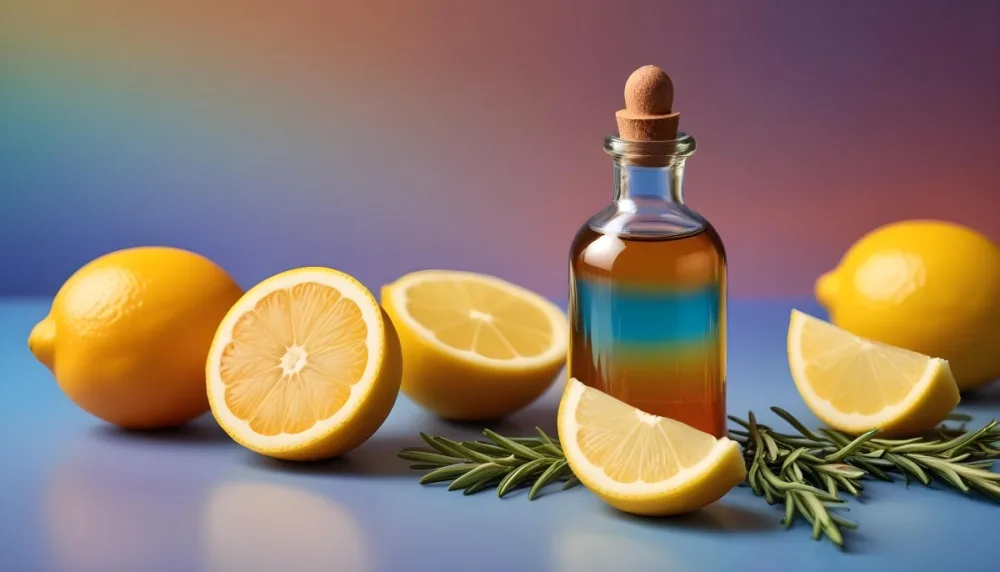 A Brown Glass Dropper Bottle Positioned On A Colorful Background With A Gradient Of Orange And Blue Next To The Bottle There Is A Whole Lemon And A Halved Lemon Along With A Sprig Of Rosemary The Scene Is Bright An 38 D4f6