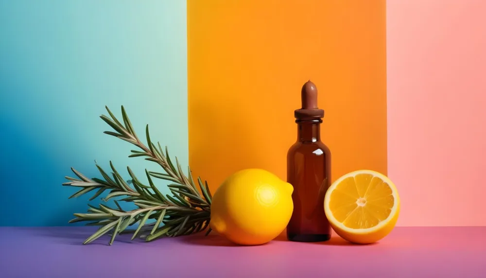 A Brown Glass Dropper Bottle Positioned On A Colorful Background With A Gradient Of Orange And Blue Next To The Bottle There Is A Whole Lemon And A Halved Lemon Along With A Sprig Of Rosemary The Scene Is Bright An 7 Ea6f