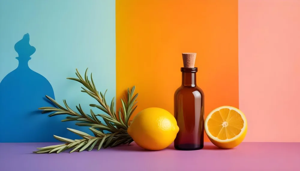 A Brown Glass Dropper Bottle Positioned On A Colorful Background With A Gradient Of Orange And Blue Next To The Bottle There Is A Whole Lemon And A Halved Lemon Along With A Sprig Of Rosemary The Scene Is Bright An 9 Cfd9