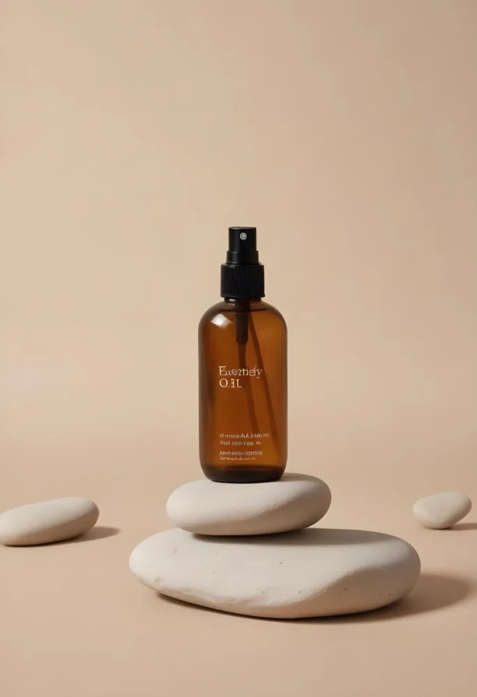 A Brown Glass Spray Bottle With A Black Nozzle Labeled Everyday Oil Is Positioned On Top Of Three Smooth Stacked Stones The Background Is A Soft Beige Color Creating A Minimalist Aesthetic 14 0a76