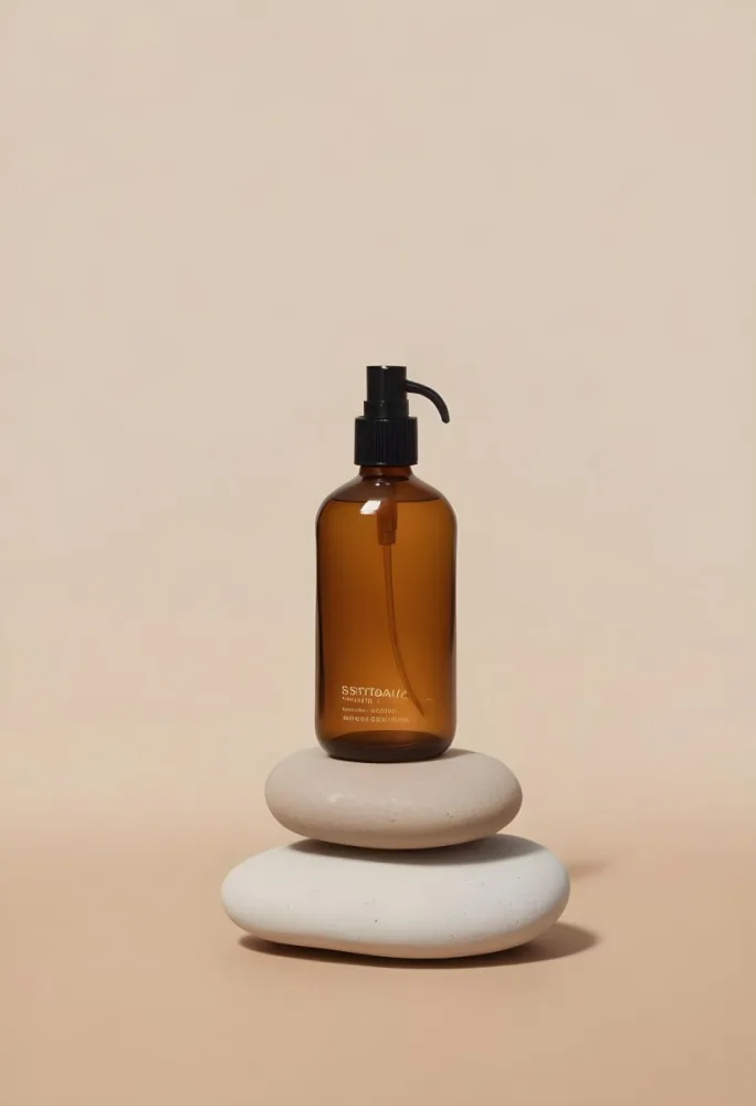 A Brown Glass Spray Bottle With A Black Nozzle Labeled Everyday Oil Is Positioned On Top Of Three Smooth Stacked Stones The Background Is A Soft Beige Color Creating A Minimalist Aesthetic 2 Ad54