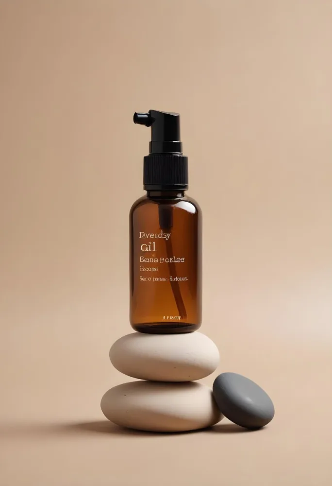 A Brown Glass Spray Bottle With A Black Nozzle Labeled Everyday Oil Is Positioned On Top Of Three Smooth Stacked Stones The Background Is A Soft Beige Color Creating A Minimalist Aesthetic 36 57c7