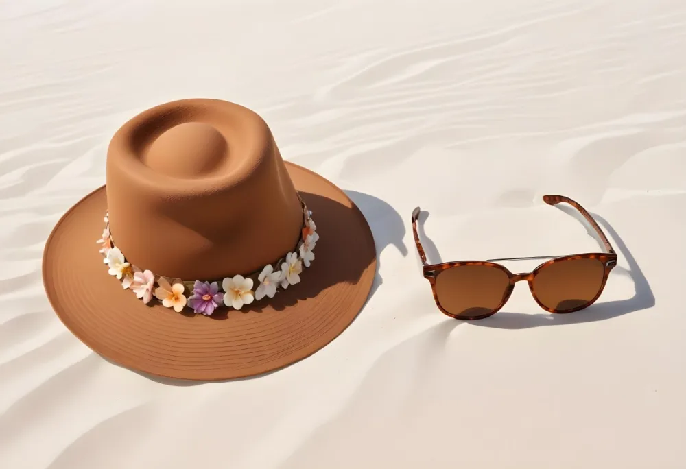 A Brown Hat With A Floral Band And Brown Sunglasses On White Sand 26