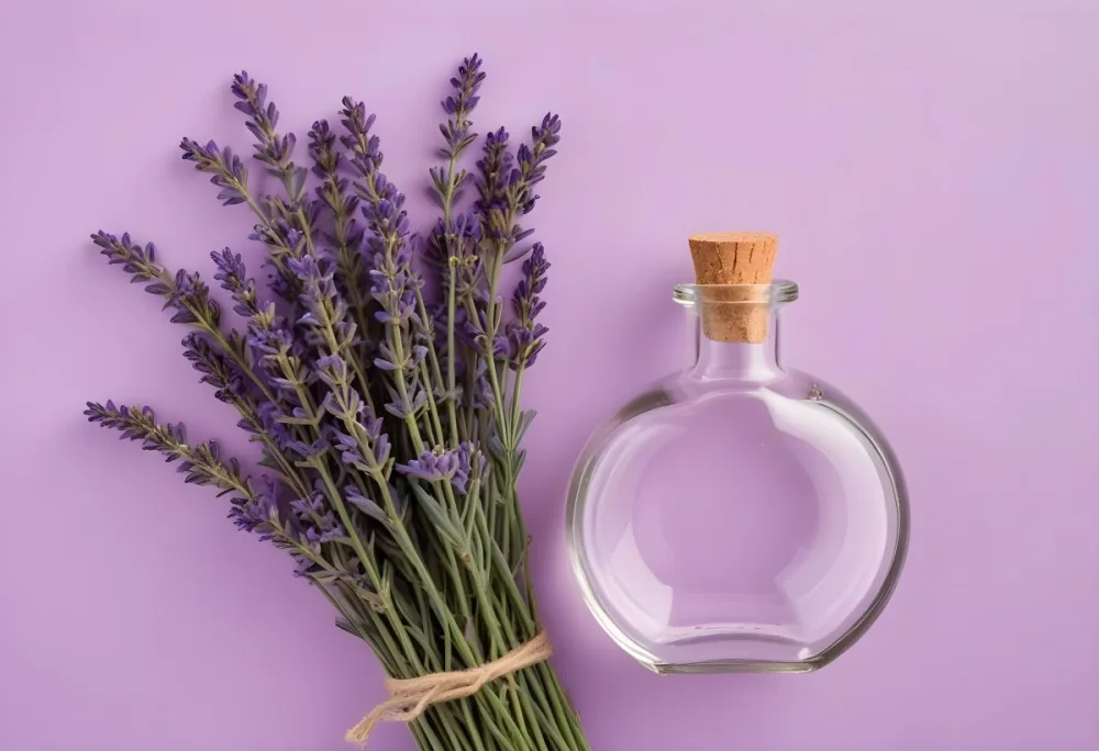 A Bunch Of Lavender Flowers Next To A Round Glass Bottle With A Cork Stopper On A Light Purple Background 18 34df