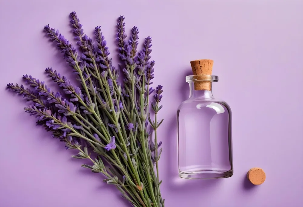 A Bunch Of Lavender Flowers Next To A Round Glass Bottle With A Cork Stopper On A Light Purple Background 19 1585
