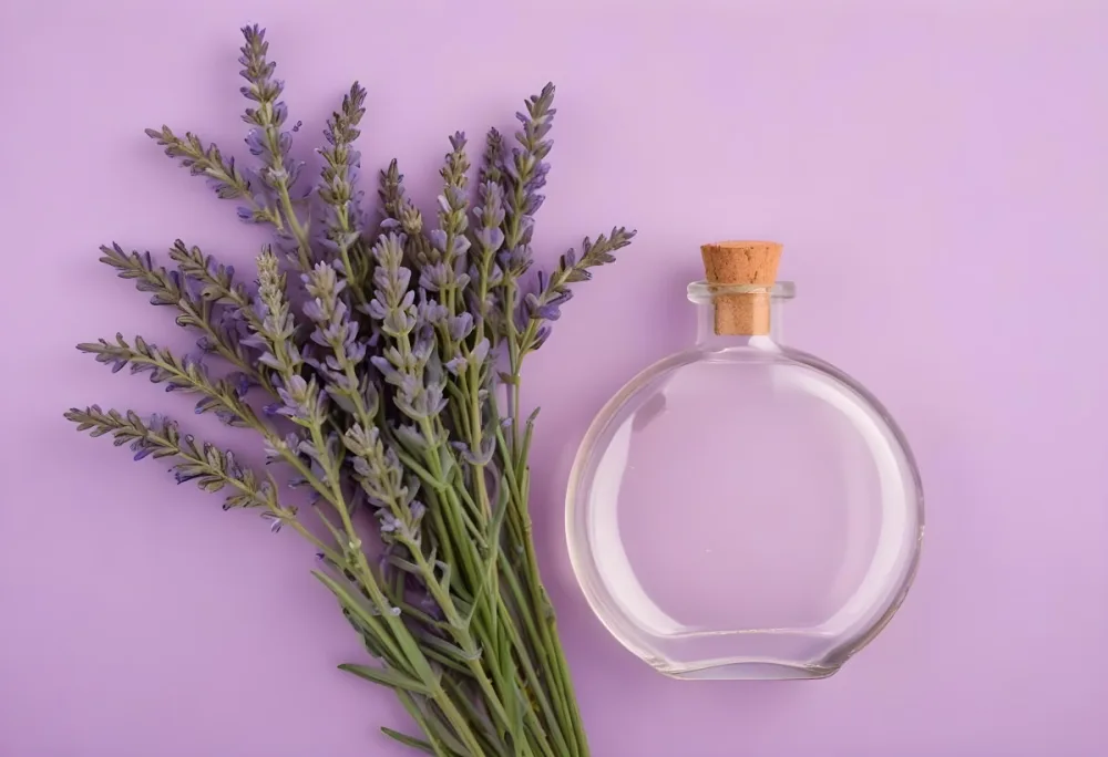 A Bunch Of Lavender Flowers Next To A Round Glass Bottle With A Cork Stopper On A Light Purple Background 2 Faa4