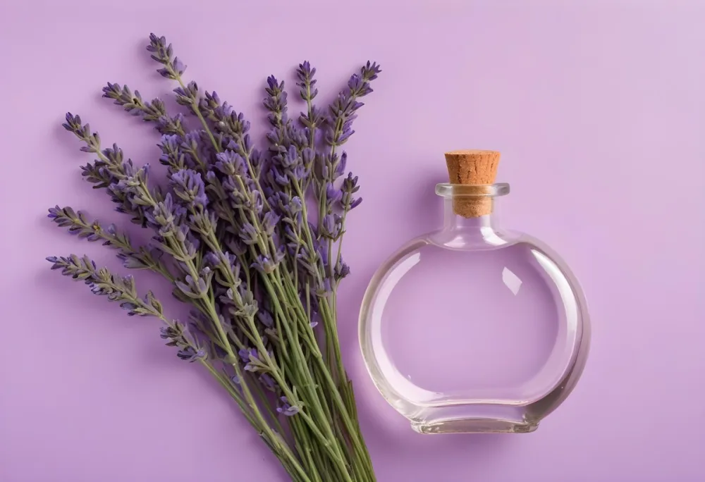 A Bunch Of Lavender Flowers Next To A Round Glass Bottle With A Cork Stopper On A Light Purple Background 20 9f24