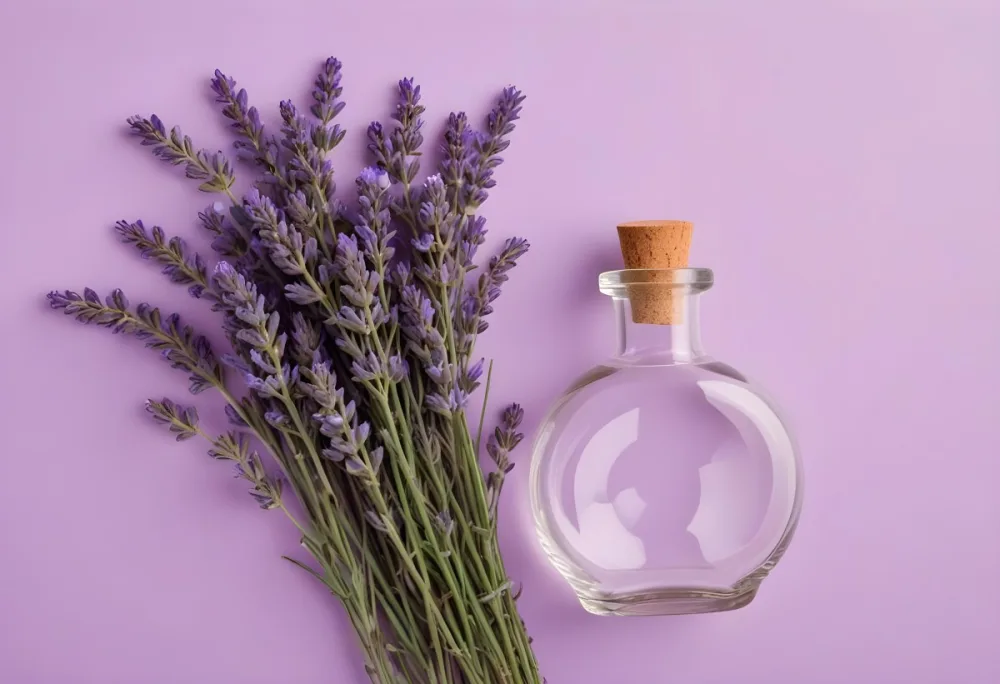A Bunch Of Lavender Flowers Next To A Round Glass Bottle With A Cork Stopper On A Light Purple Background 3 1017