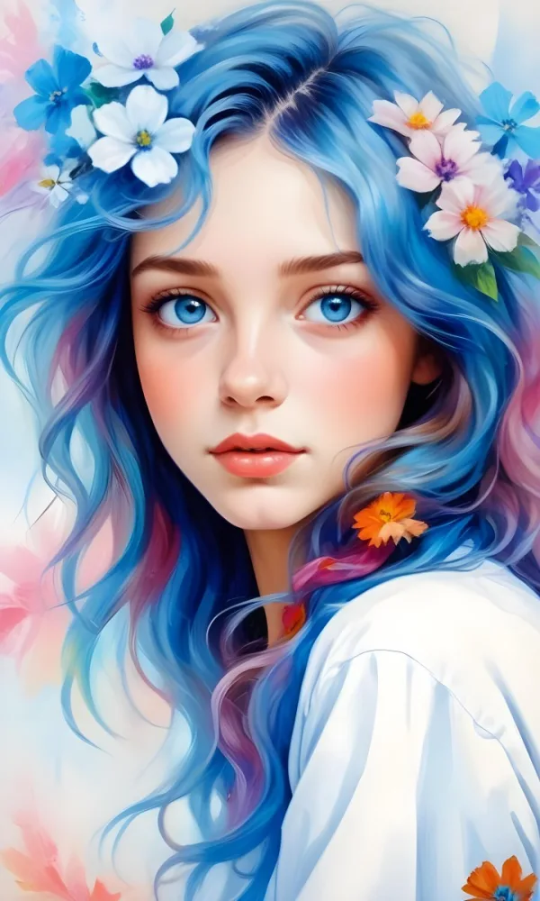 A Caucasian Girl 17 Years Old Blue Eyes Light Skin Blue Wavy Hair With A Flower Colorful Background 14 97c7