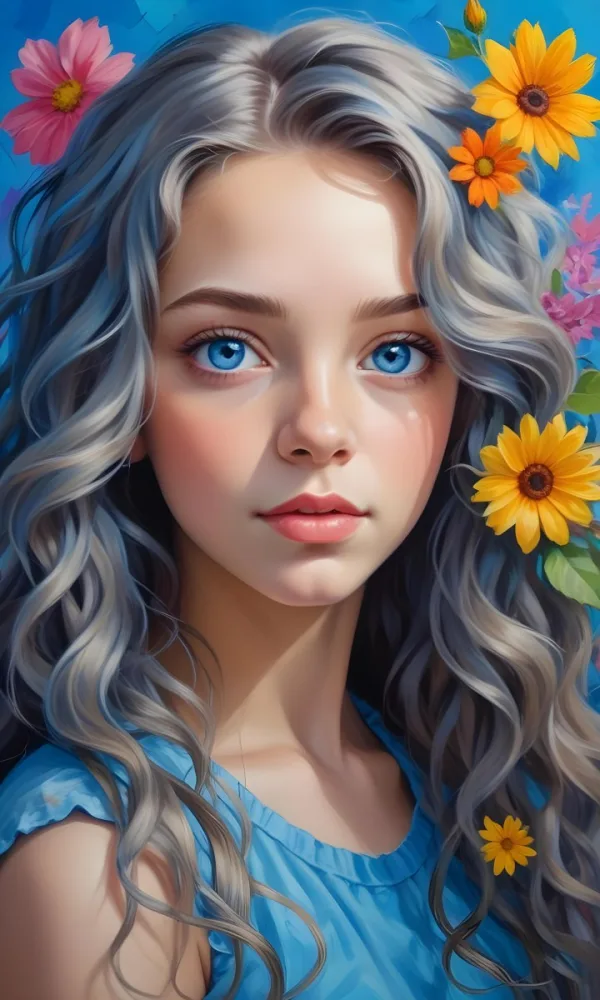 A Caucasian Girl 17 Years Old Blue Eyes Light Skin Blue Wavy Hair With A Flower Colorful Background 15 6354