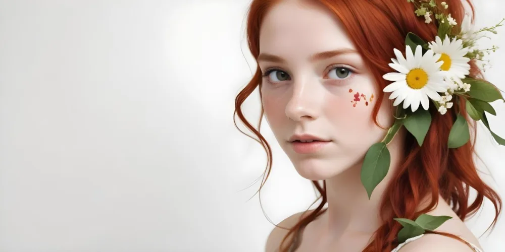 A Caucasian Girl 17 Years Old Red Hair With Flowers Around Her Face White Background 15 D9bd