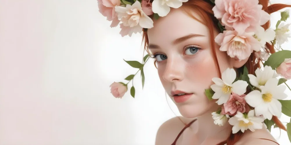 A Caucasian Girl 17 Years Old Red Hair With Flowers Around Her Face White Background 20 2991