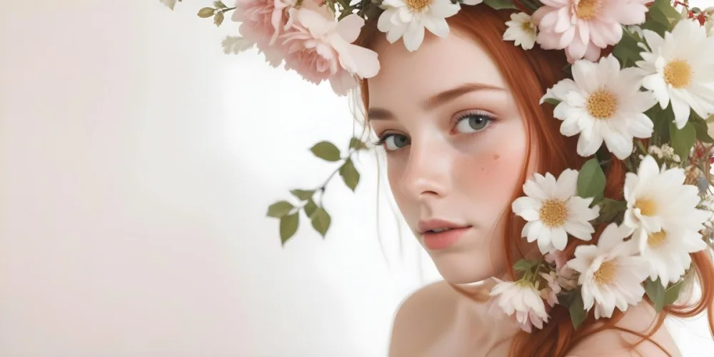 A Caucasian Girl 17 Years Old Red Hair With Flowers Around Her Face White Background 3 7173