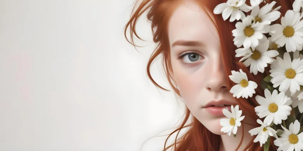 A Caucasian Girl 17 Years Old Red Hair With Flowers Around Her Face White Background 31 21cd