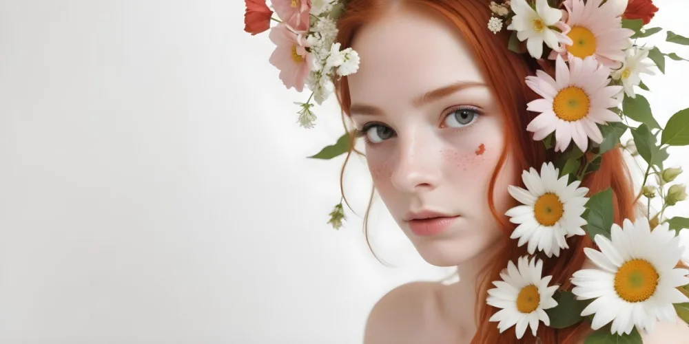 A Caucasian Girl 17 Years Old Red Hair With Flowers Around Her Face White Background 4 1618