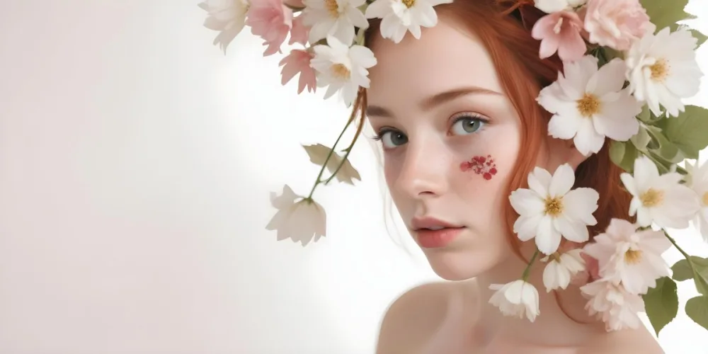 A Caucasian Girl 17 Years Old Red Hair With Flowers Around Her Face White Background 5 F824