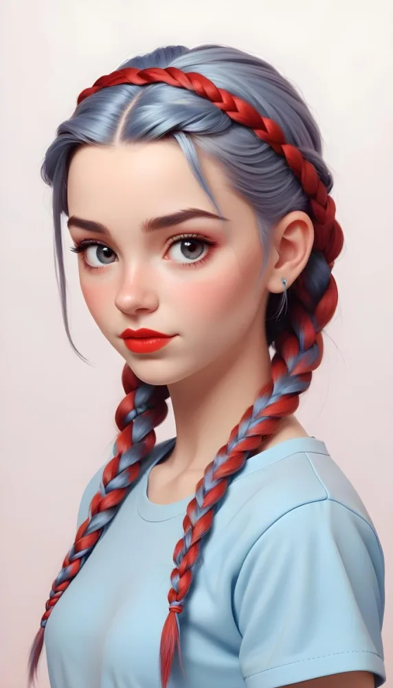 A Caucasian Girl 17 Years Old With Blue Braided Hair Red Eyes And Red Lips Wearing A Blue T Shirt In A Red Background 1 Ce44