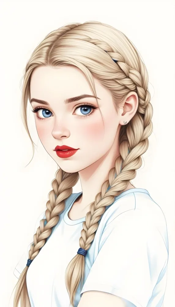 A Caucasian Girl 17 Years Old With Blue Braided Hair Red Eyes And Red Lips Wearing A Blue T Shirt In A Red Background 12 3f17