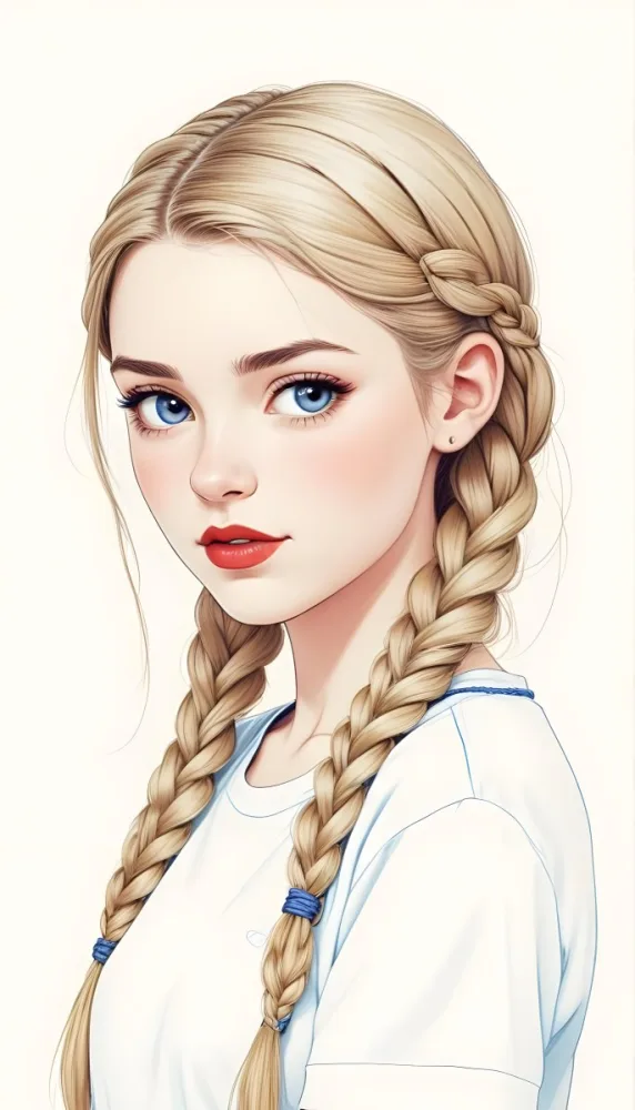 A Caucasian Girl 17 Years Old With Blue Braided Hair Red Eyes And Red Lips Wearing A Blue T Shirt In A Red Background 18 B0a1