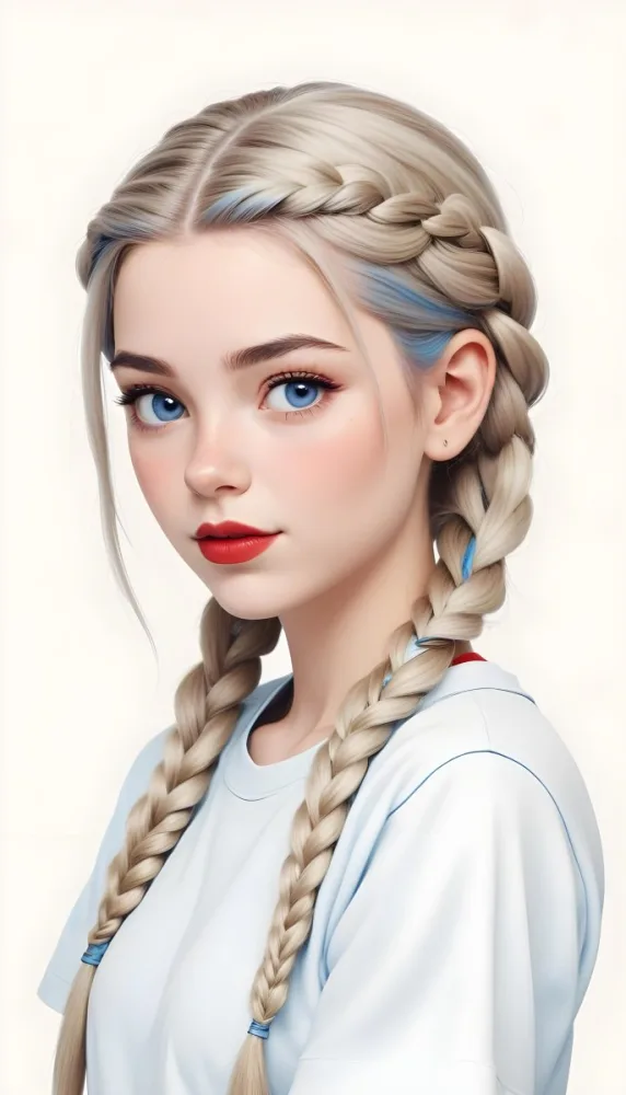 A Caucasian Girl 17 Years Old With Blue Braided Hair Red Eyes And Red Lips Wearing A Blue T Shirt In A Red Background 19 Dde8