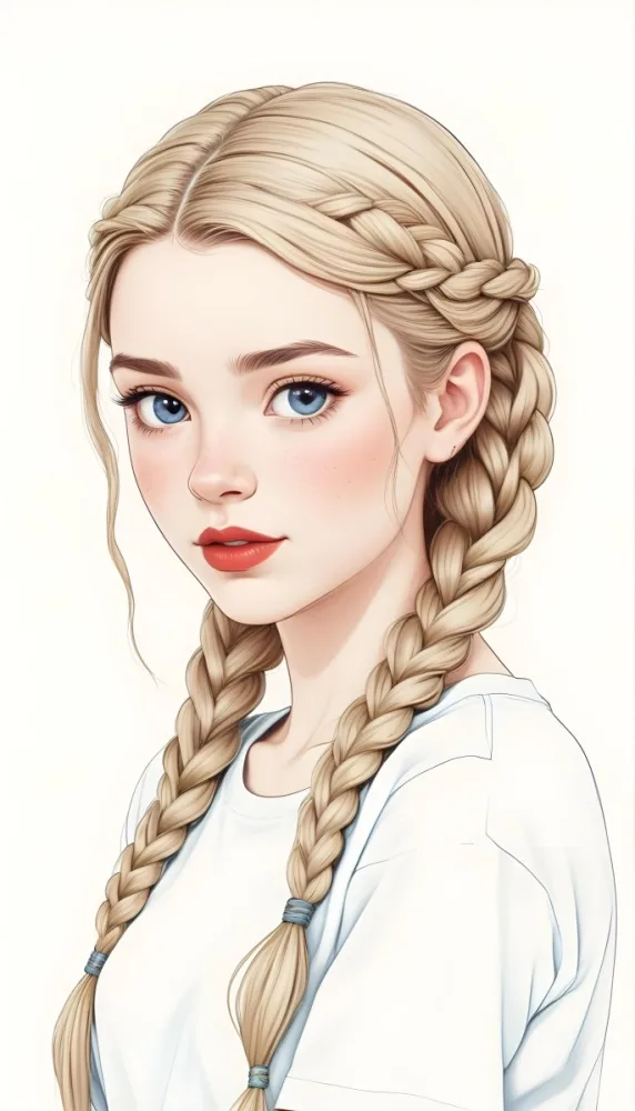 A Caucasian Girl 17 Years Old With Blue Braided Hair Red Eyes And Red Lips Wearing A Blue T Shirt In A Red Background 20 5877