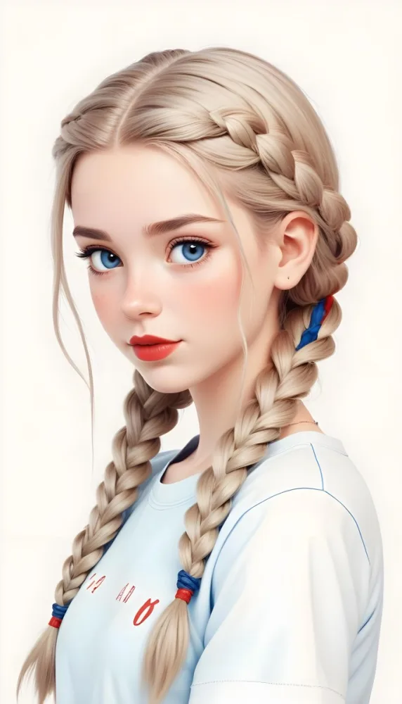 A Caucasian Girl 17 Years Old With Blue Braided Hair Red Eyes And Red Lips Wearing A Blue T Shirt In A Red Background 26 5562