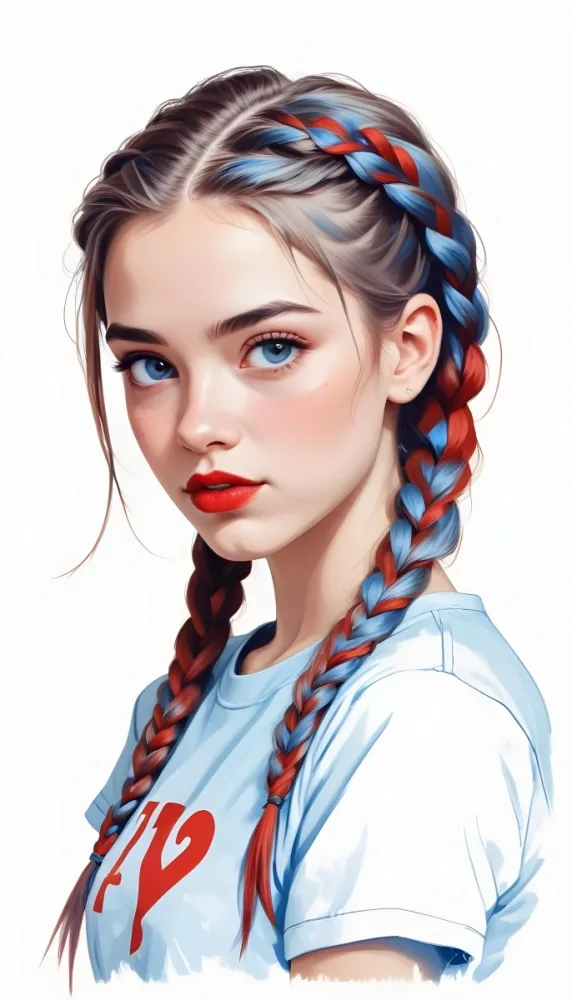 A Caucasian Girl 17 Years Old With Blue Braided Hair Red Eyes And Red Lips Wearing A Blue T Shirt In A Red Background 27 8389