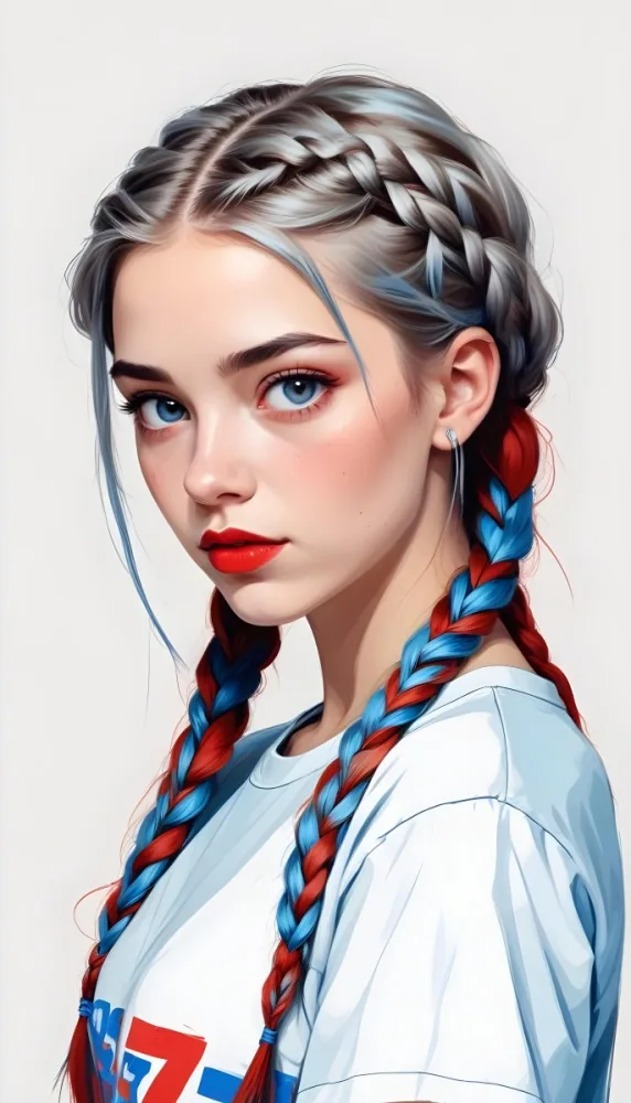 A Caucasian Girl 17 Years Old With Blue Braided Hair Red Eyes And Red Lips Wearing A Blue T Shirt In A Red Background 29 1b45