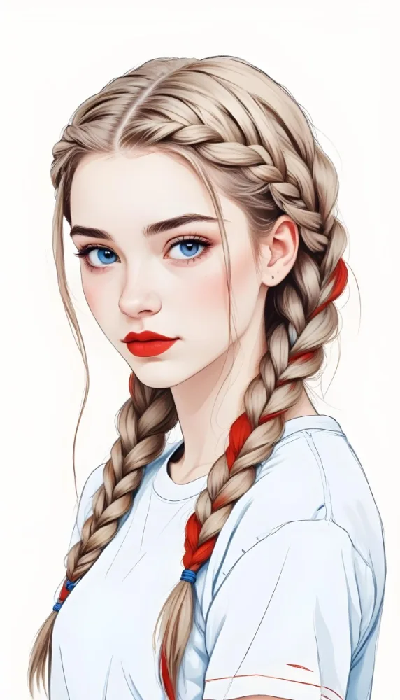 A Caucasian Girl 17 Years Old With Blue Braided Hair Red Eyes And Red Lips Wearing A Blue T Shirt In A Red Background 31 3dd4