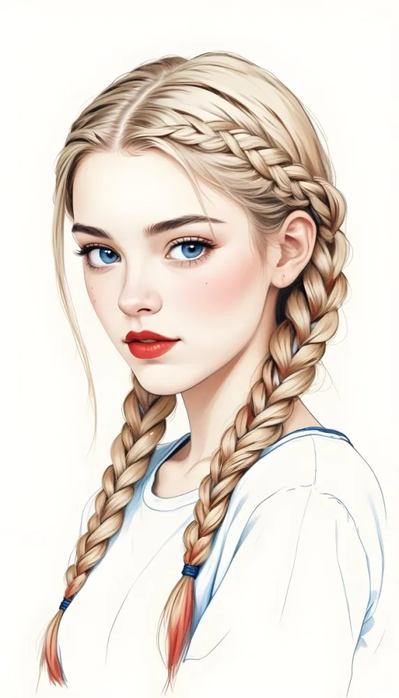 A Caucasian Girl 17 Years Old With Blue Braided Hair Red Eyes And Red Lips Wearing A Blue T Shirt In A Red Background 34 024c