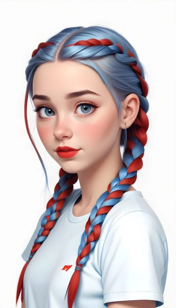 A Caucasian Girl 17 Years Old With Blue Braided Hair Red Eyes And Red Lips Wearing A Blue T Shirt In A Red Background 4 A22e