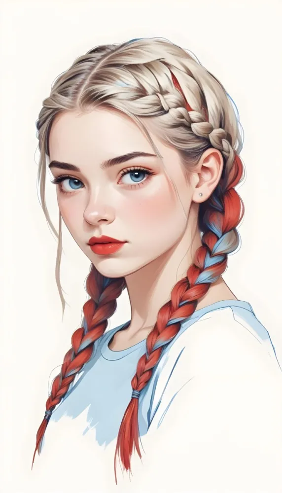 A Caucasian Girl 17 Years Old With Blue Braided Hair Red Eyes And Red Lips Wearing A Blue T Shirt In A Red Background 42 174d