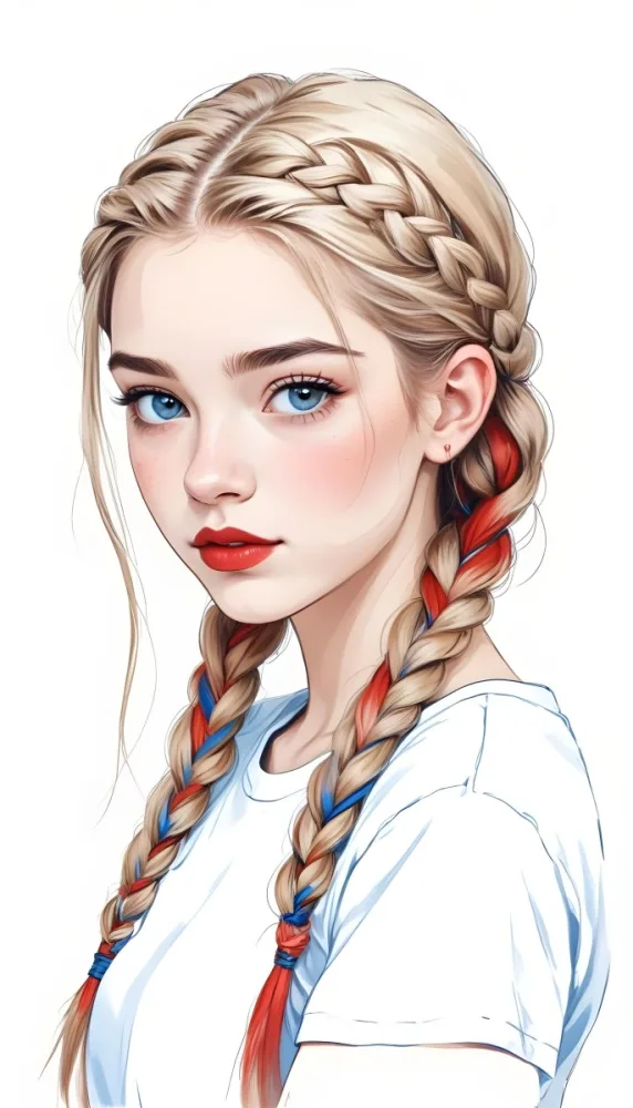 A Caucasian Girl 17 Years Old With Blue Braided Hair Red Eyes And Red Lips Wearing A Blue T Shirt In A Red Background 43 5802