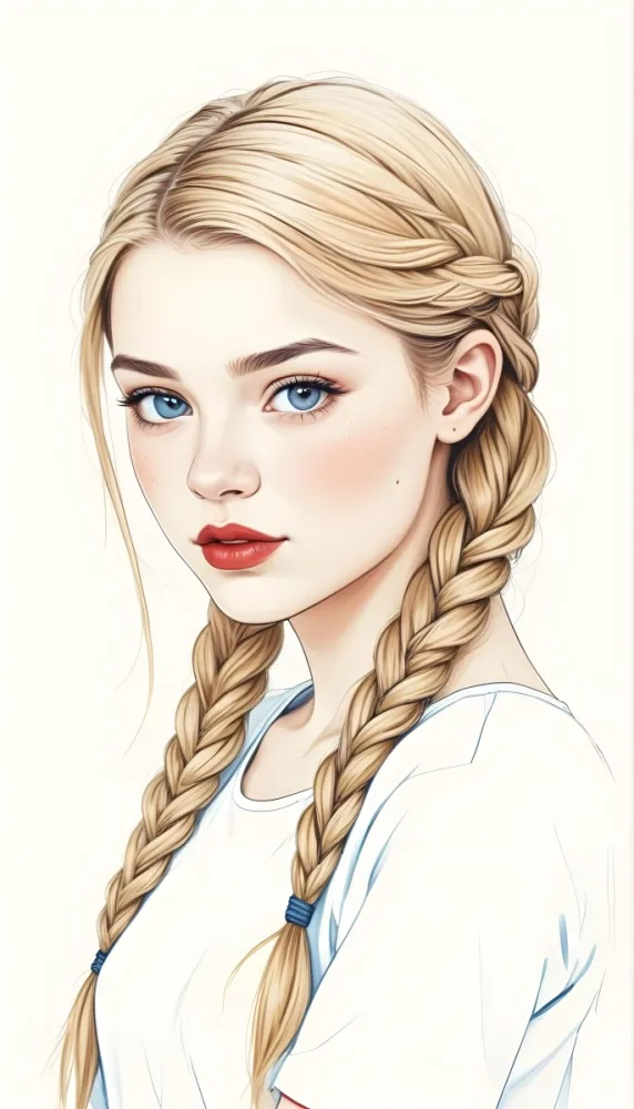 A Caucasian Girl 17 Years Old With Blue Braided Hair Red Eyes And Red Lips Wearing A Blue T Shirt In A Red Background 46 4db2