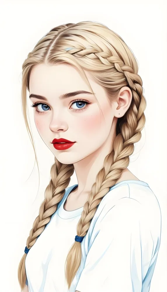 A Caucasian Girl 17 Years Old With Blue Braided Hair Red Eyes And Red Lips Wearing A Blue T Shirt In A Red Background 49 Bfcc