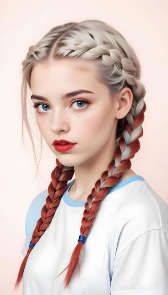 A Caucasian Girl 17 Years Old With Blue Braided Hair Red Eyes And Red Lips Wearing A Blue T Shirt In A Red Background 51 A474