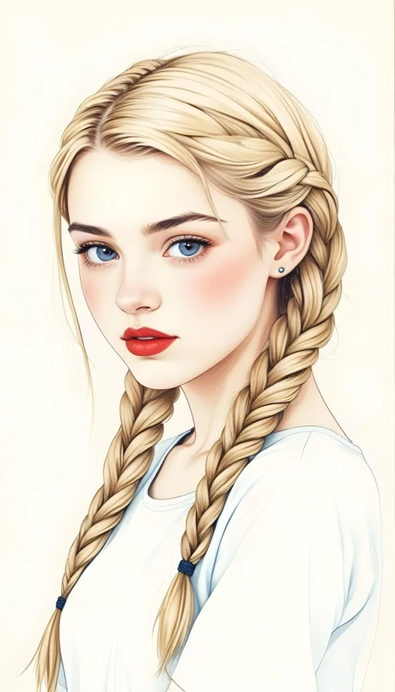 A Caucasian Girl 17 Years Old With Blue Braided Hair Red Eyes And Red Lips Wearing A Blue T Shirt In A Red Background 57 E3e8