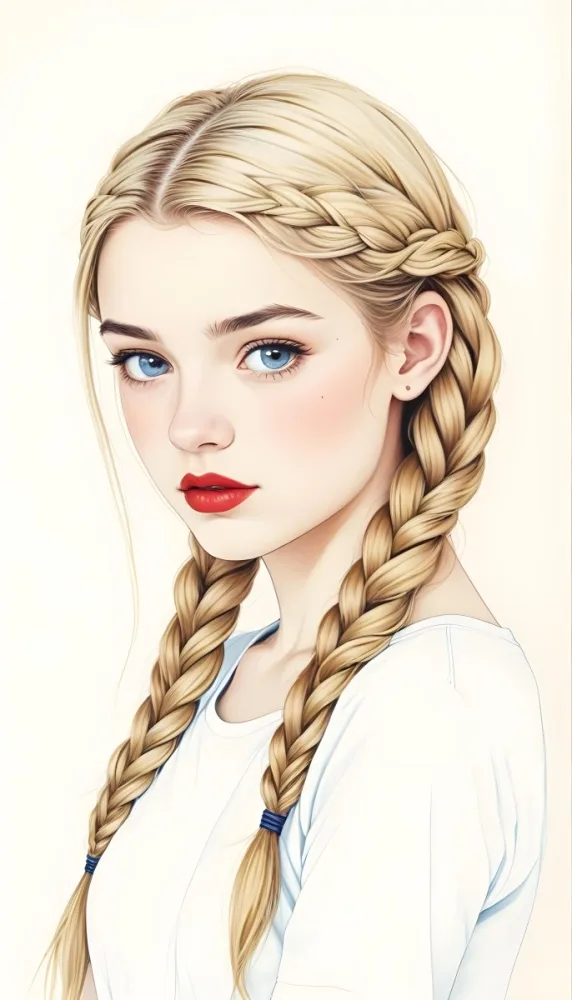 A Caucasian Girl 17 Years Old With Blue Braided Hair Red Eyes And Red Lips Wearing A Blue T Shirt In A Red Background 58 806f